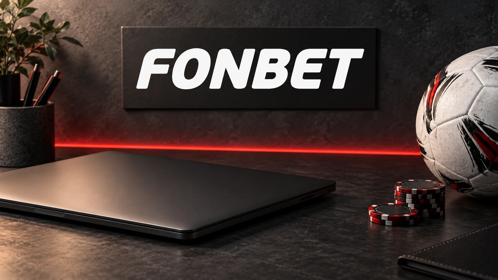 Logo Fonbet con laptop chiuso, pallone e fiches